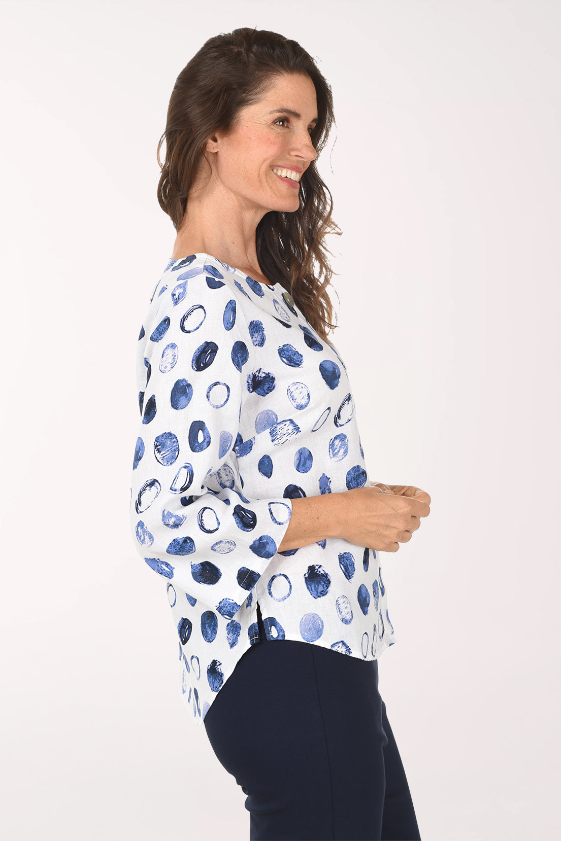 Blue Dots Linen-Blend Collarless Shirt