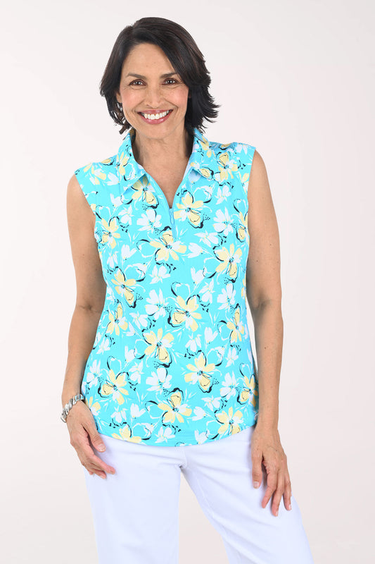 Seafoam Eleanor Flowers UPF50+ Sleeveless Polo Top