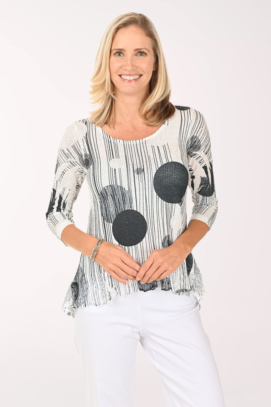Striped Bubbles Mesh Hem High-Low Top