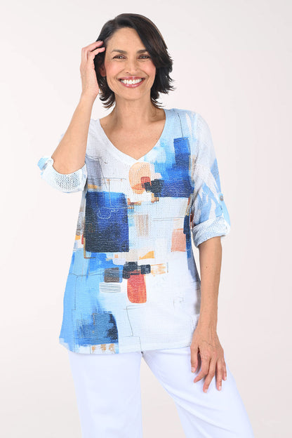 Blue Boxes Mesh V-Neck Top