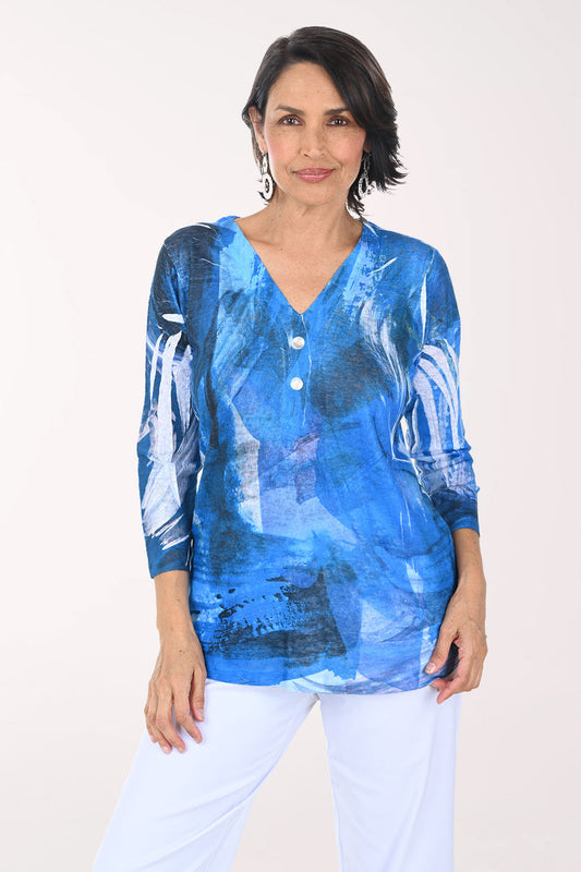 Blue Brushstrokes Button Back Top