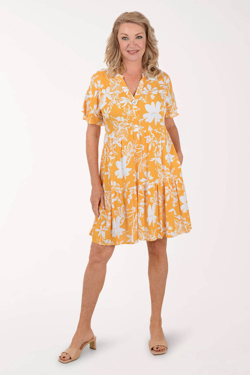 Golden Floral Flutter Sleeve Dress