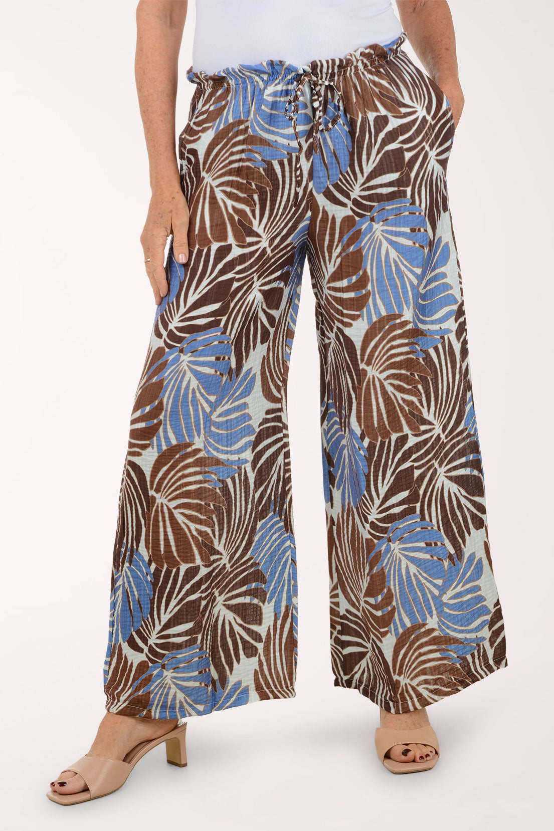 Cognac Palm Leaves Palazzo Pant