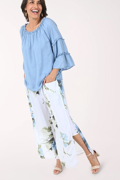 Floral Garden Linen-Blend Side Slit Pant