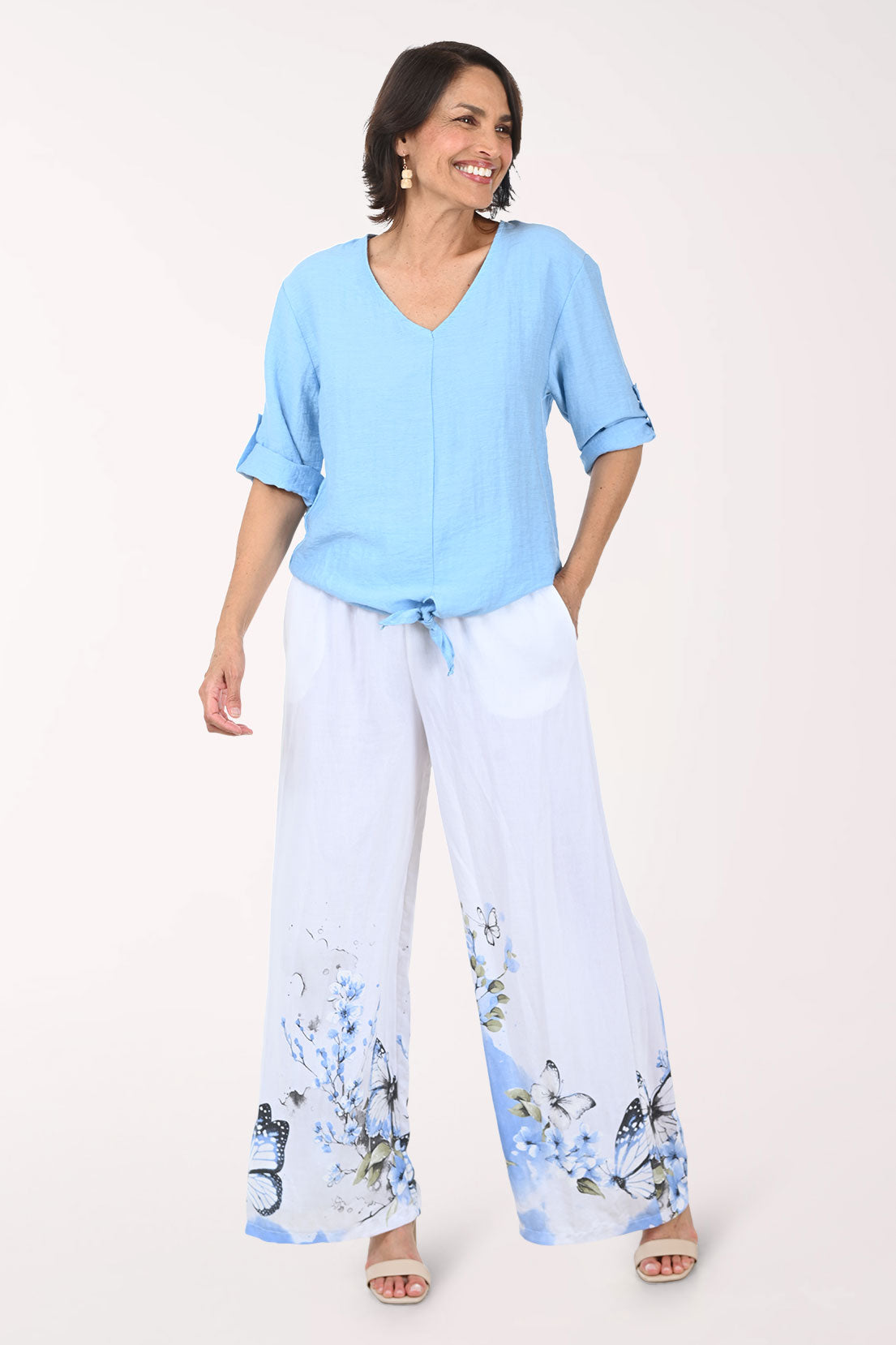 Blue Butterfly Linen-Blend Palazzo Pant