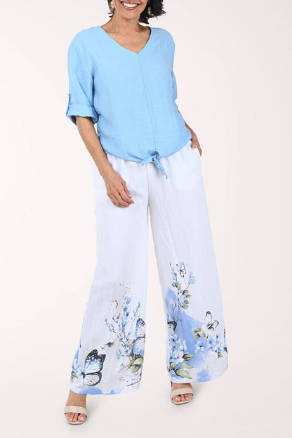 Blue Butterfly Linen-Blend Palazzo Pant