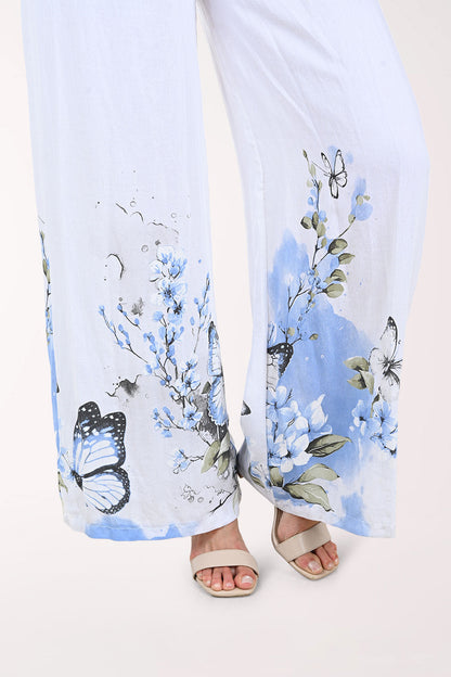 Blue Butterfly Linen-Blend Palazzo Pant