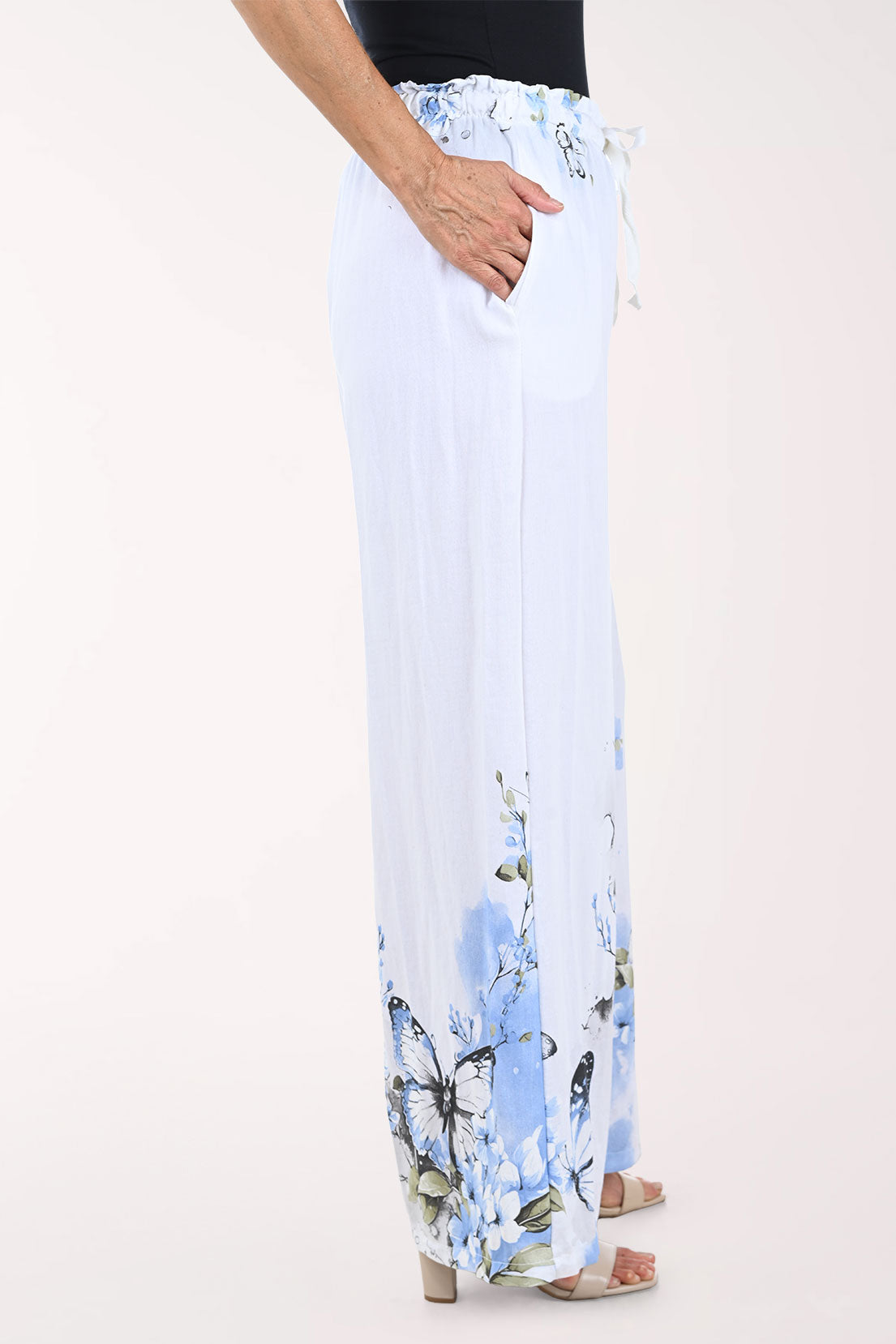 Blue Butterfly Linen-Blend Palazzo Pant