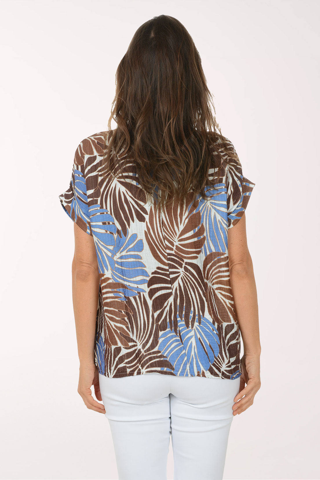 Cognac Palm Leaves Short Sleeve Blouse