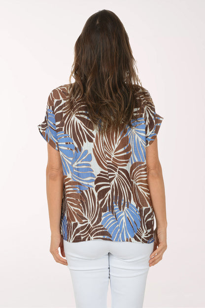 Cognac Palm Leaves Short Sleeve Blouse