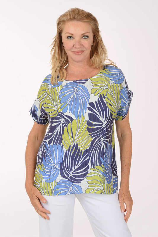 Lime Palm Leaves Short Sleeve Blouse