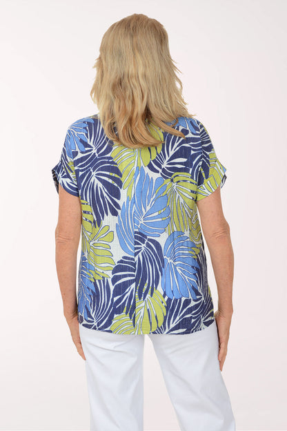Lime Palm Leaves Short Sleeve Blouse