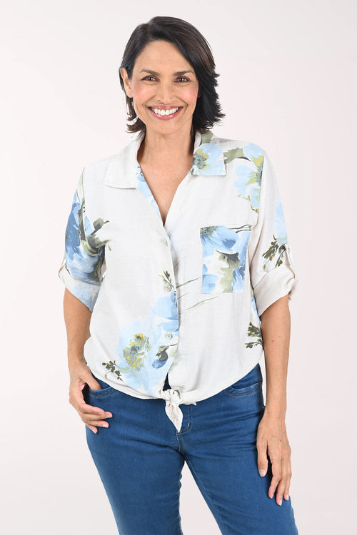 Beige Floral Garden Linen-Blend Shirt