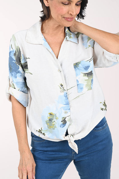 Beige Floral Garden Linen-Blend Shirt