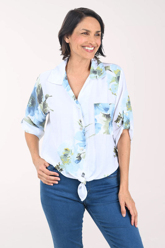 White Floral Garden Linen-Blend Shirt