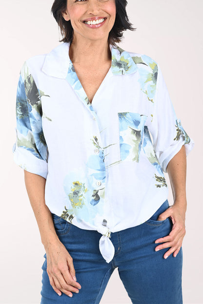 White Floral Garden Linen-Blend Shirt
