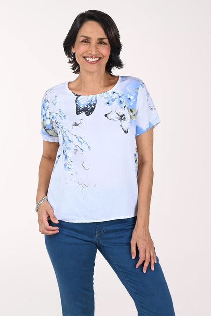 Blue Butterfly Linen-Blend Short Sleeve Top