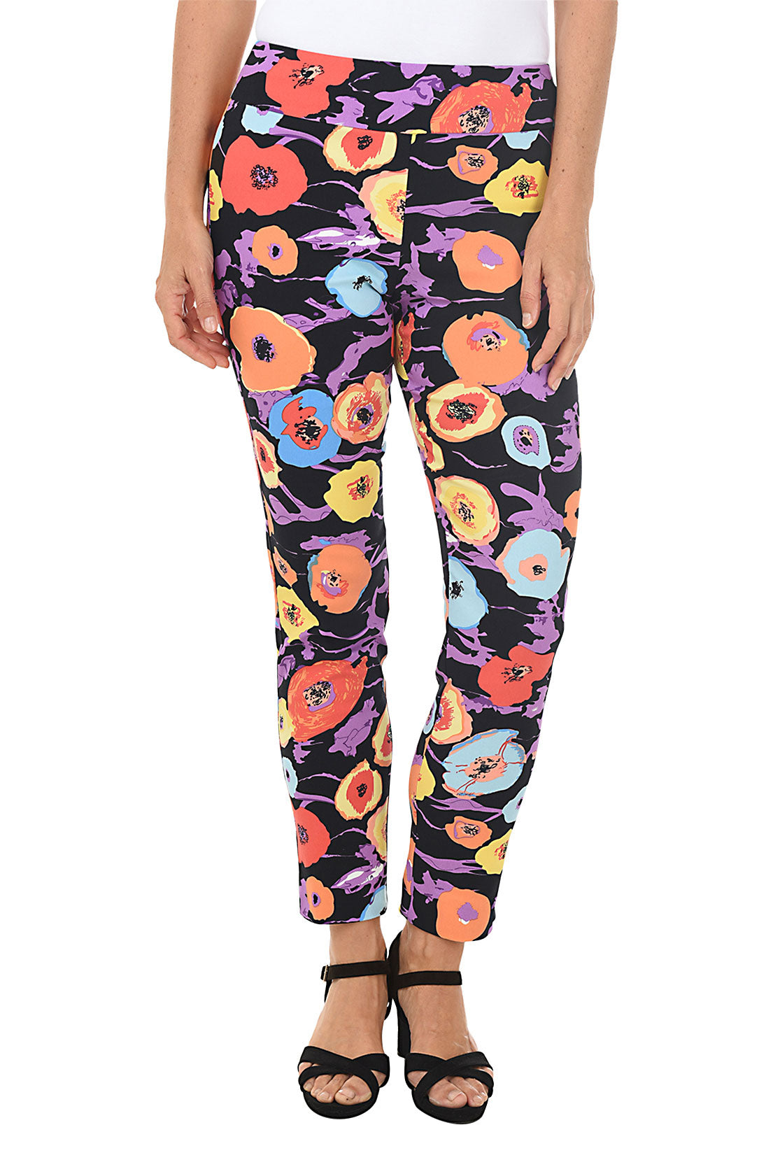 Black Floral Pull-On Ankle Pant