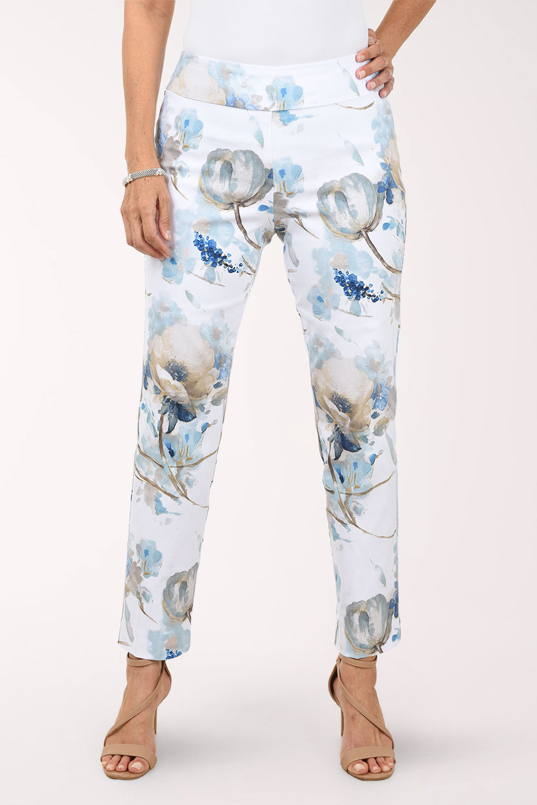 Aqua Floral Pull-On Ankle Pant