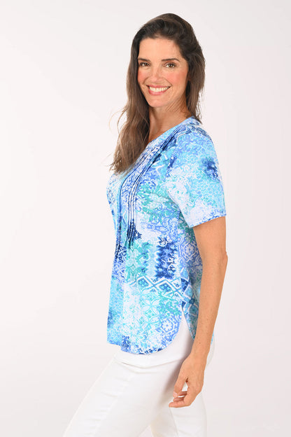 Coastal Blue Jade Medallion Pleated Top