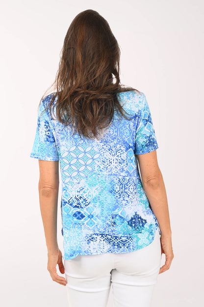Coastal Blue Jade Medallion Pleated Top