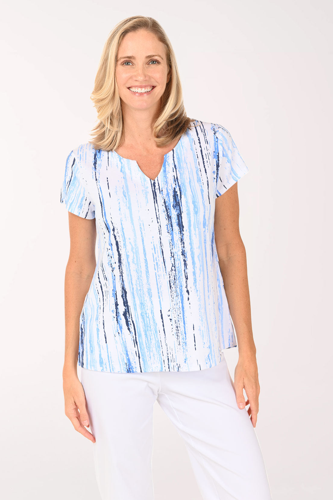 Blue Paint Stripes Notched Neck Tee