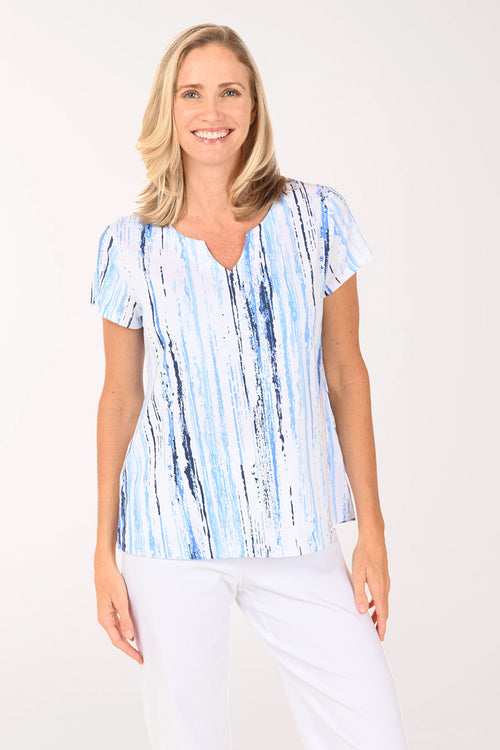 Blue Paint Stripes Notched Neck Tee