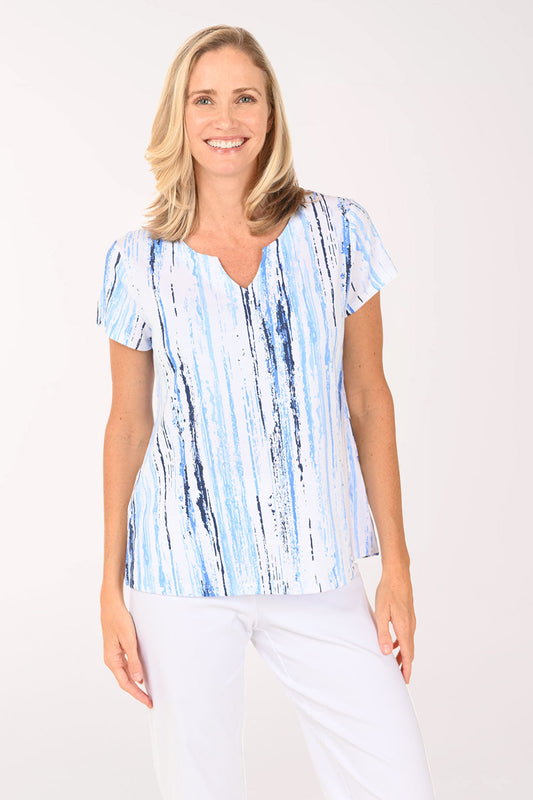 Blue Paint Stripes Notched Neck Tee