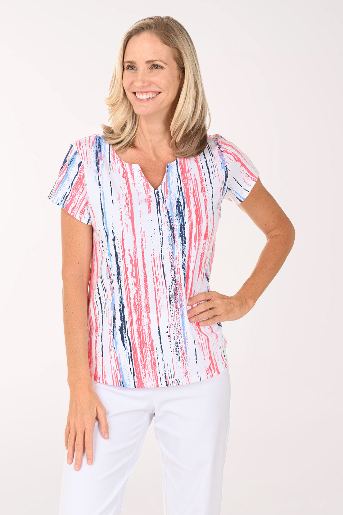 Clementine Paint Stripes Notched Neck Tee