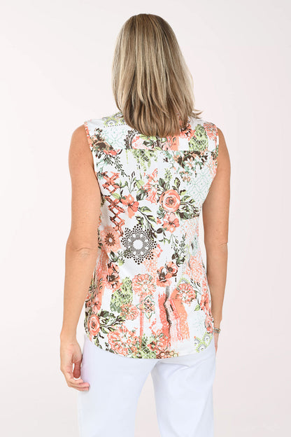 Peach Rose Potpourri Pleated Sleeveless Top