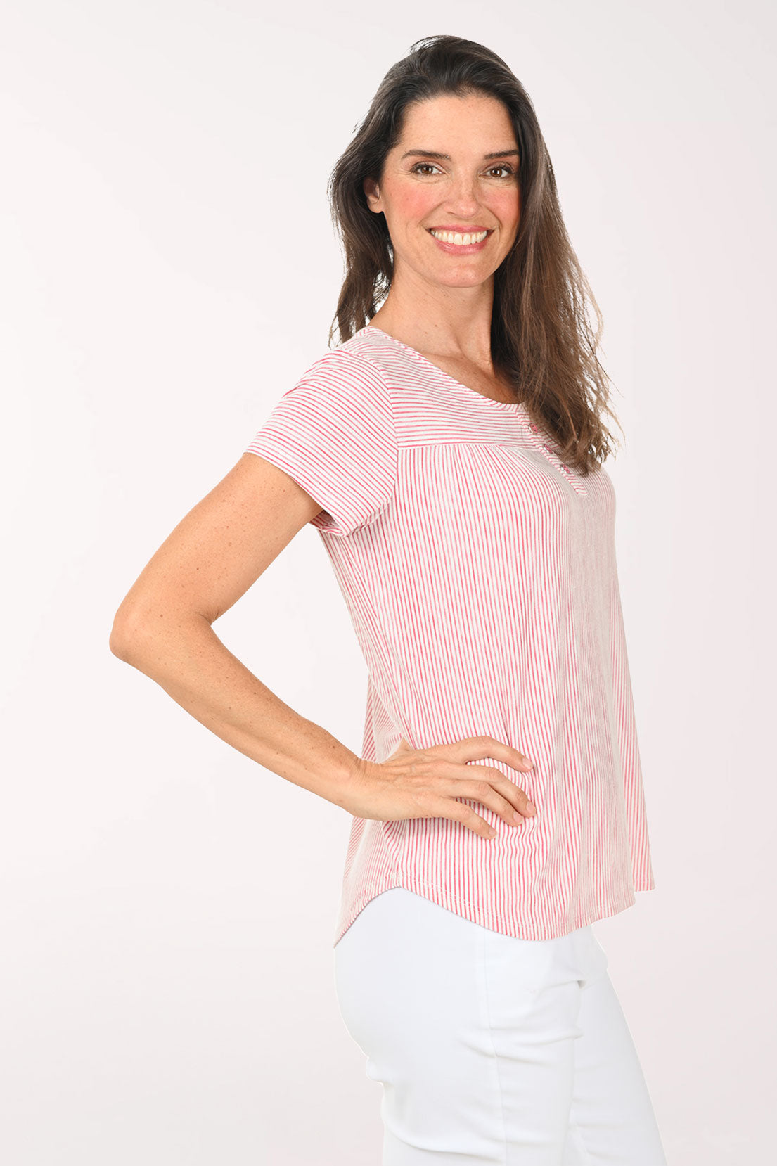 Striped Triple Button Short Sleeve Tee