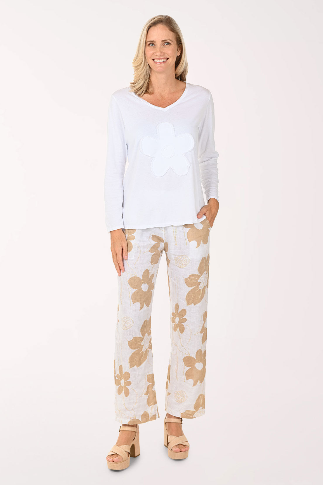 Gold Glitter Floral Linen Pant