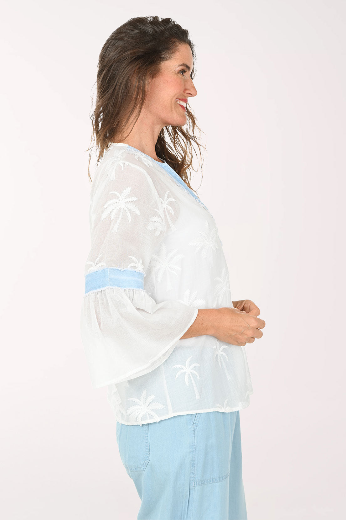 Palm Tree Jacquard Sheer V-Neck Blouse