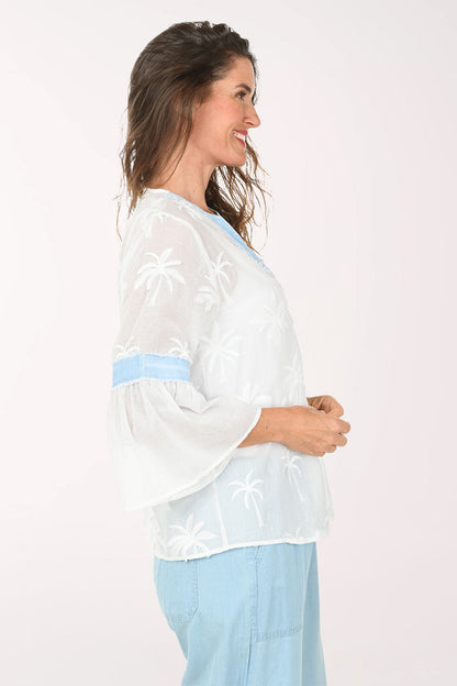 Palm Tree Jacquard Sheer V-Neck Blouse