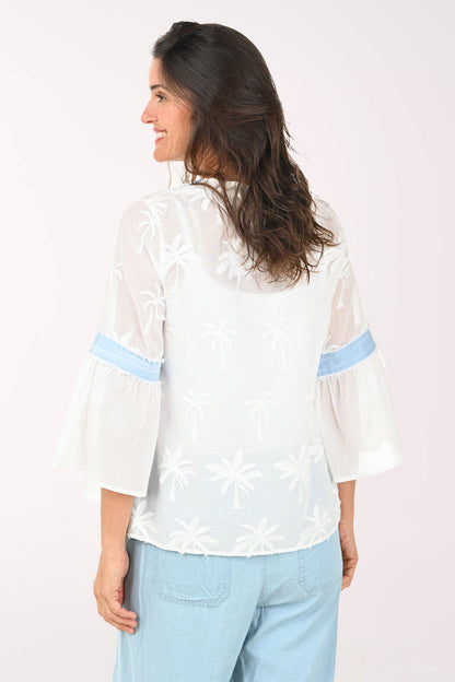 Palm Tree Jacquard Sheer V-Neck Blouse