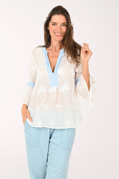 Palm Tree Jacquard Sheer V-Neck Blouse
