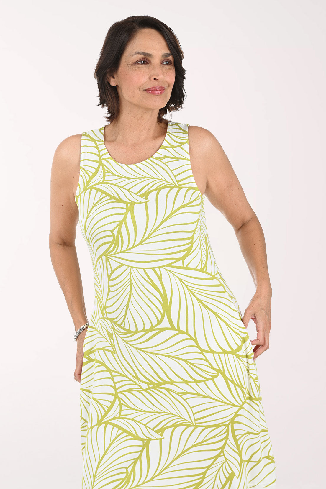 Green Palm Leaves Sleeveless Swing Dress