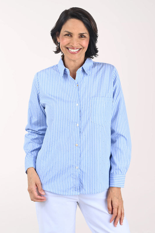 Rhinestone Pinstriped Button-Front Shirt