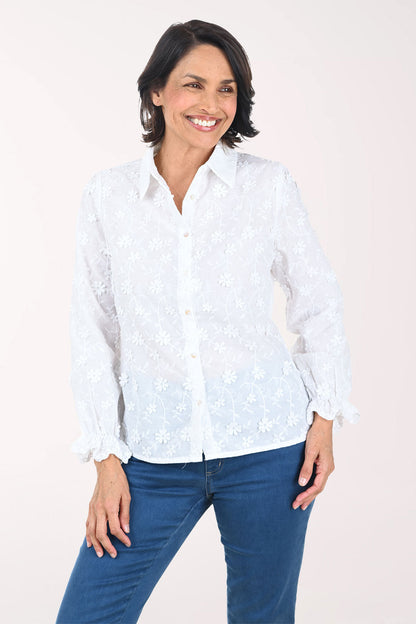 Floral Applique Ruffled Cuff Shirt