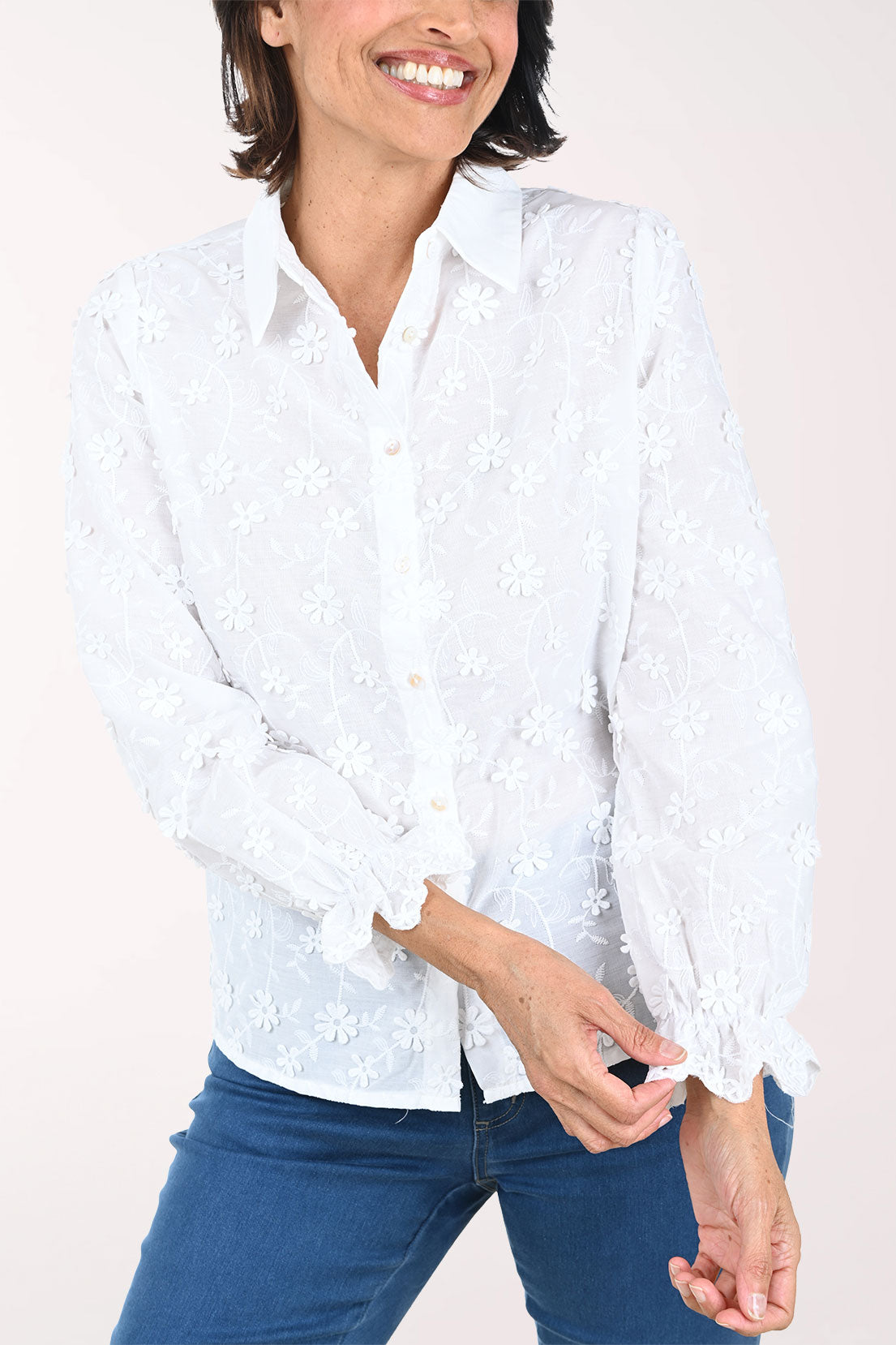 Floral Applique Ruffled Cuff Shirt