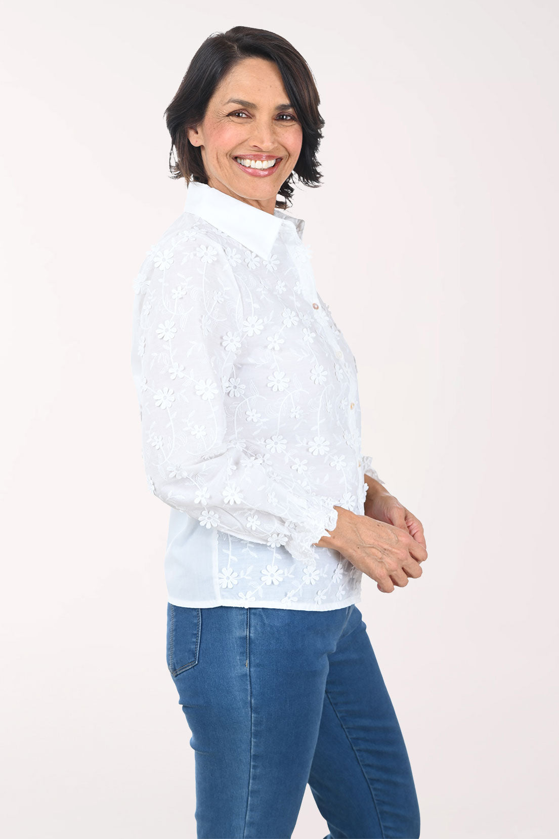 Floral Applique Ruffled Cuff Shirt