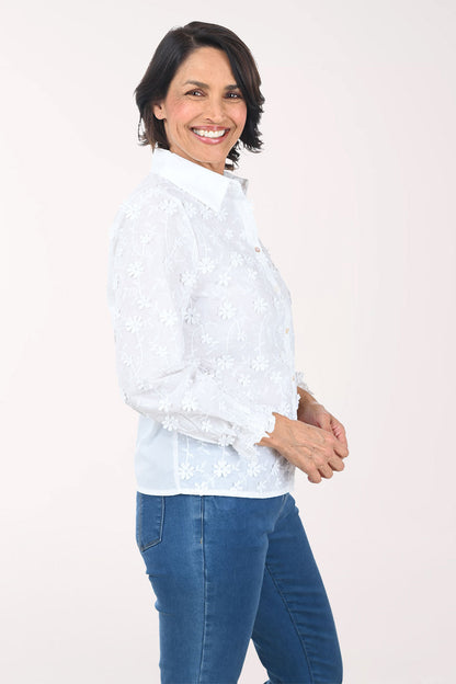 Floral Applique Ruffled Cuff Shirt