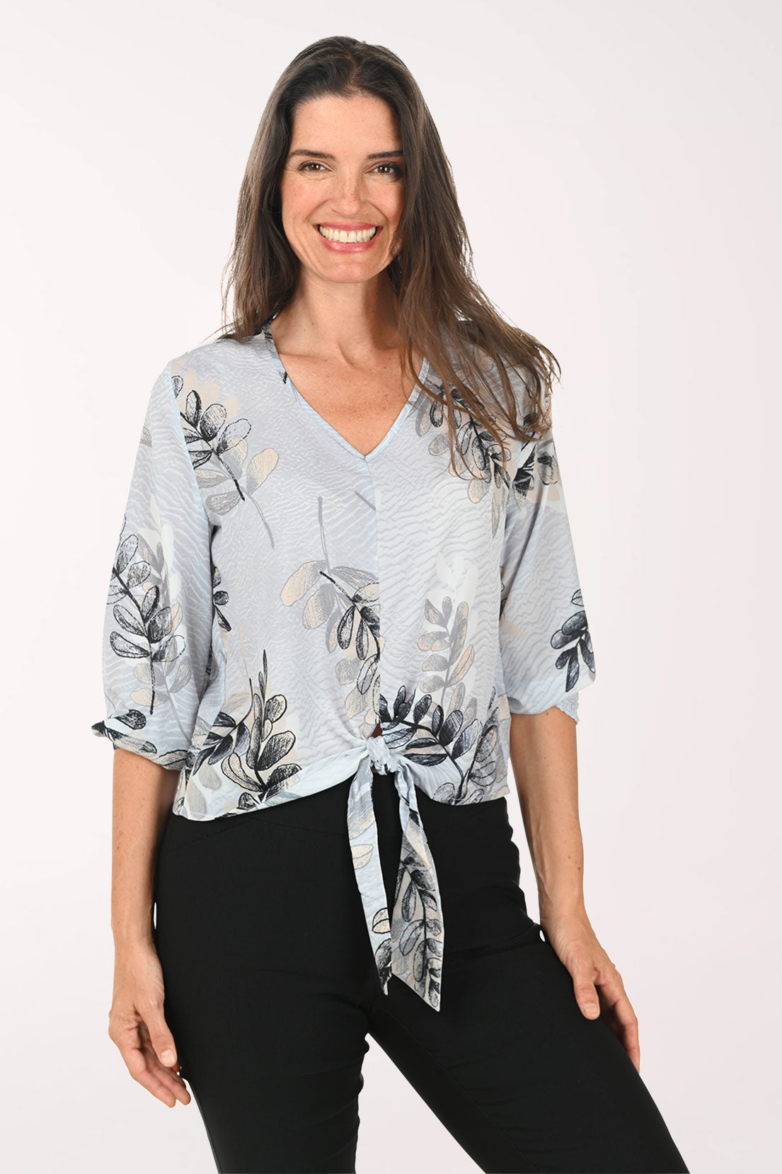 Grey Leaves V-Neck Tie-Front Blouse