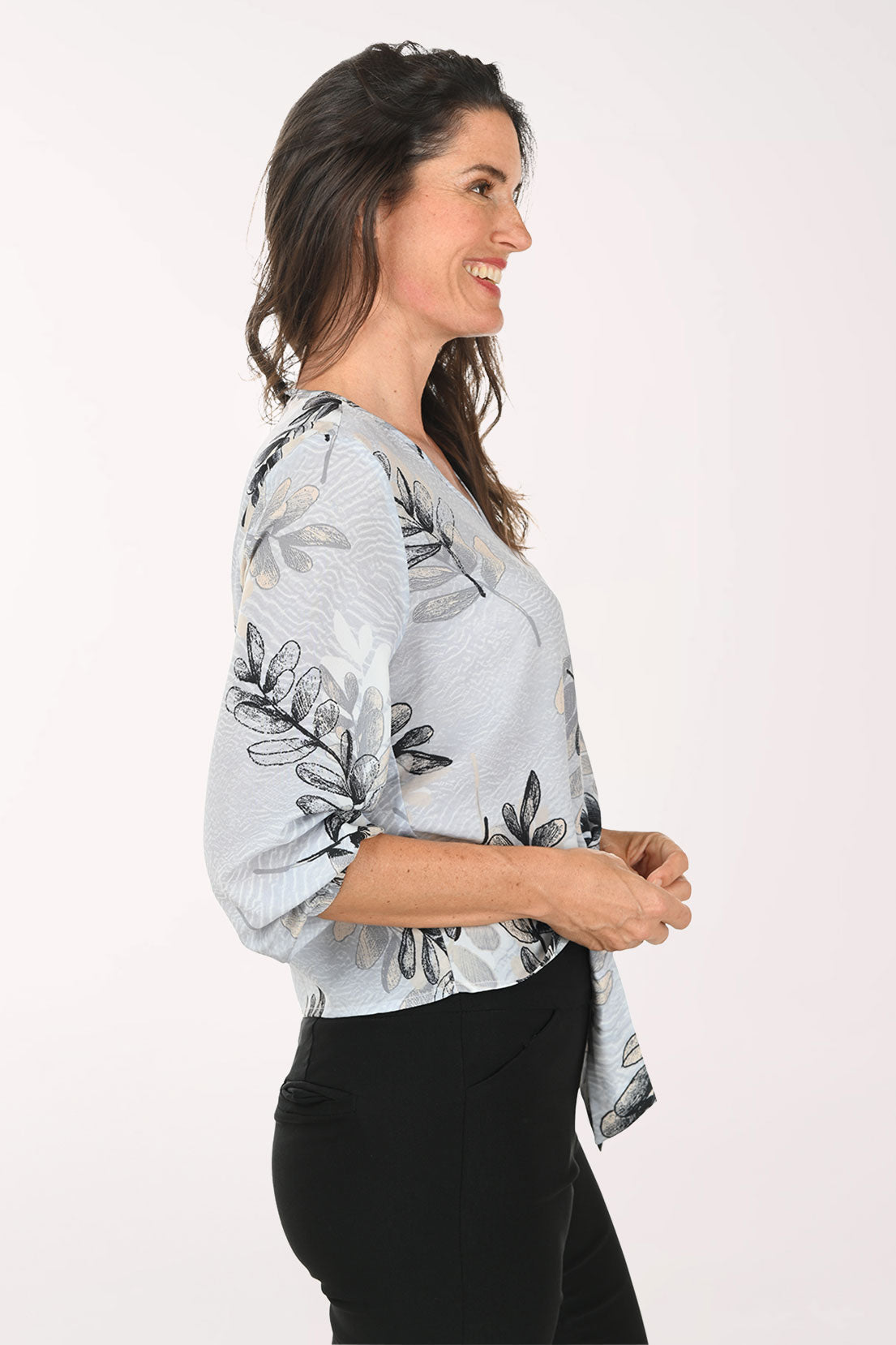 Grey Leaves V-Neck Tie-Front Blouse