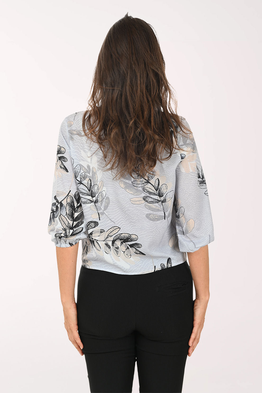 Grey Leaves V-Neck Tie-Front Blouse