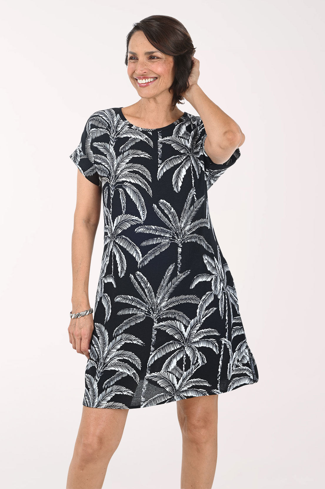 Black Palm Trees Cuffed Short Sleeve Dress