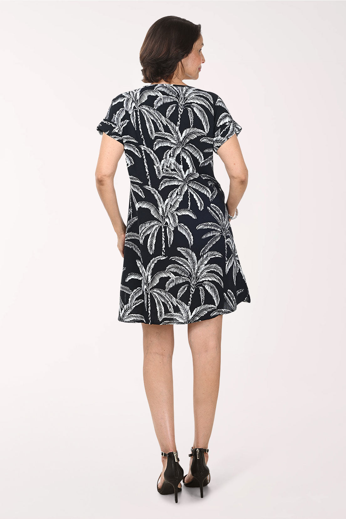 Black Palm Trees Cuffed Short Sleeve Dress