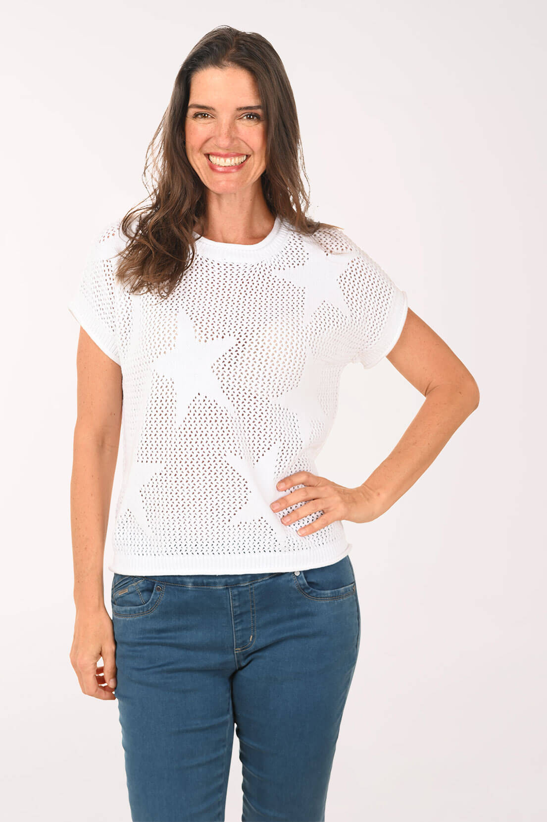 Star Open Knit Short Sleeve Sweater