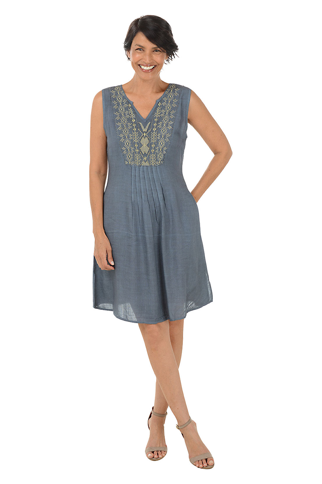 Grey Diamond Embroidery Pleated Sleeveless Dress