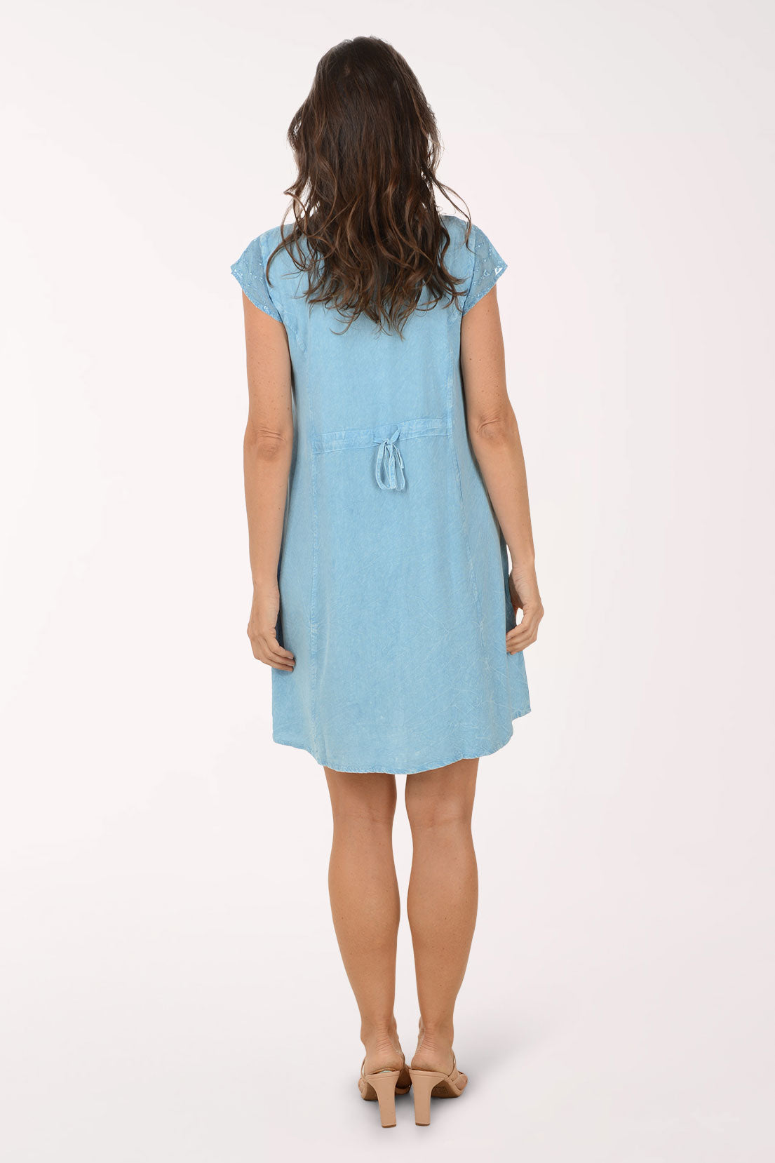 Chiffon Trim Chambray Cap Sleeve Dress